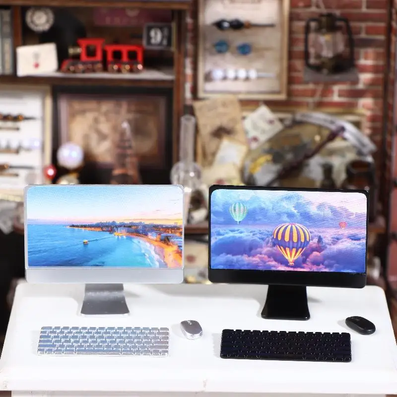 Dollhouse Mini Laptop Set Realistic Computer Keyboard Mouse Kit for 1to12 Scale Office Study Decor
