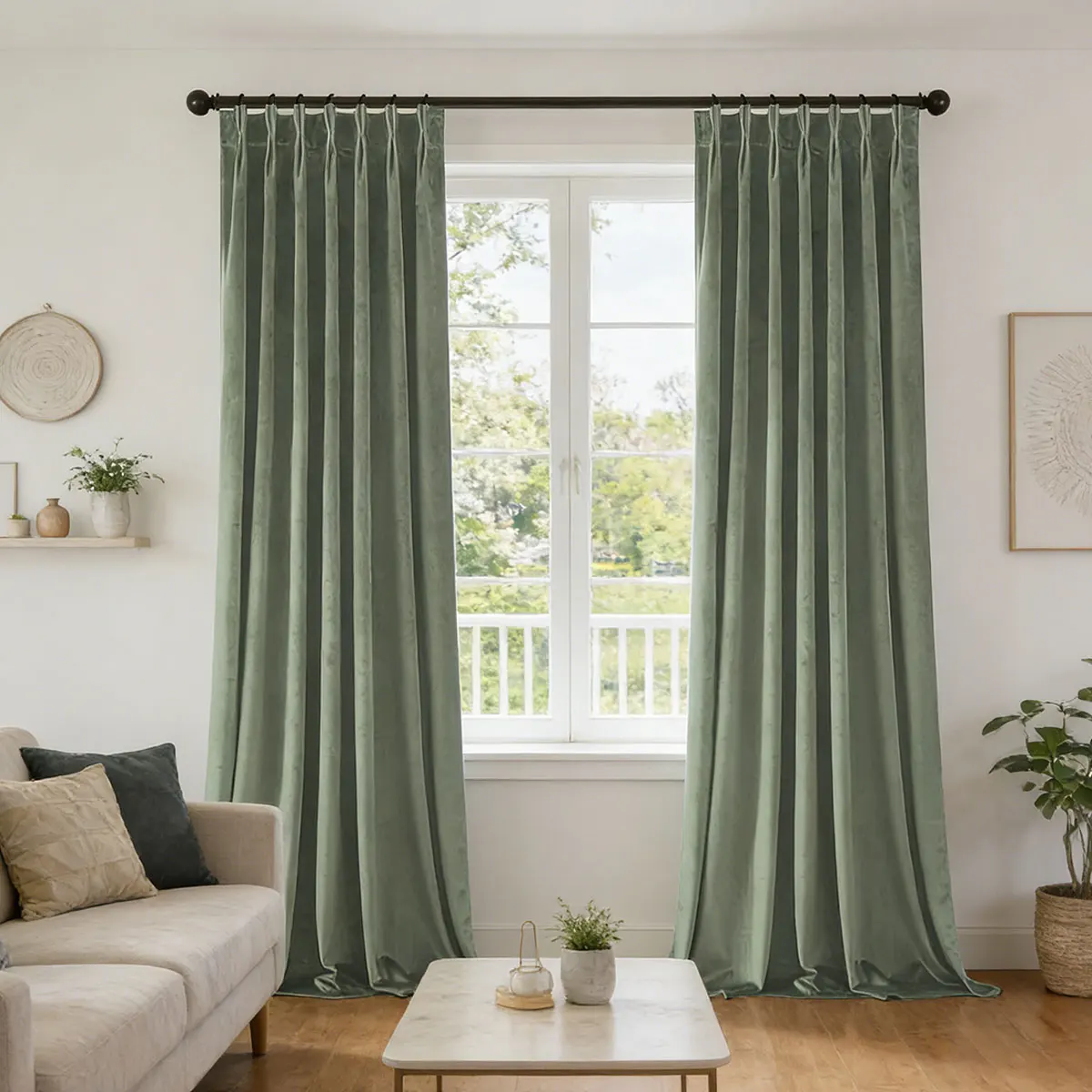 Sage Bean Green Velvet Pinch Pleat Curtains, Soft Heavy Velvet Drapes for Living Room Cottage Decor