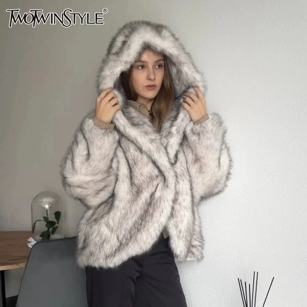 TWOTWINSTYLE Cool Hooded Faux Fur Women Jacket Long Sleeve Loose Thick Warm Short Coat for Winter Streetwear Commute Fashion New