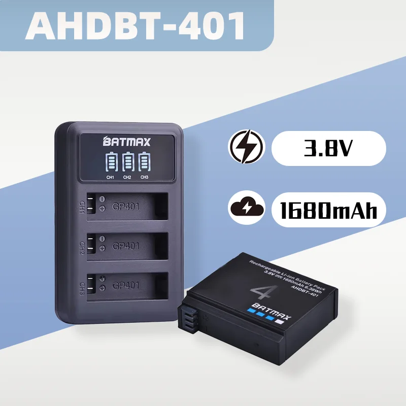 

3.7V 1680mAh Replacement Battery + LED 3-Slot USB Charger for GoPro Hero 4 / AHDBT-401 Action Camera