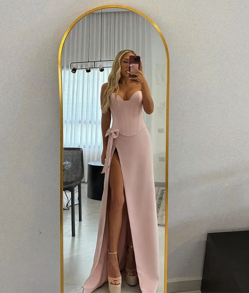 تخصيص مثير جيرسي ألف خط 3D القوس مساء اللباس جودة عالية أكمام الحبيب الطابق طول الجانب الشق فساتين لحضور الحفلات الموسيقية