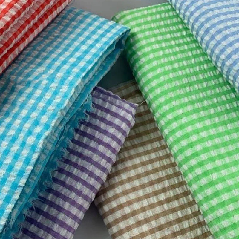 

Colorful Seersucker Fabric Summer Thin Plaid Stripe Cotton Fabric Shirt Dress Baby Clothes DIY Handmade Curtain Tablecloth Sew