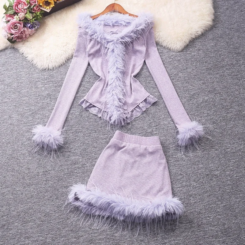 Y2k Purple Skirts Sets Autumn Winter V Neck Two Pieces Set Women Outfits Korean Fashion Retro Elegant Conjunto Femenino