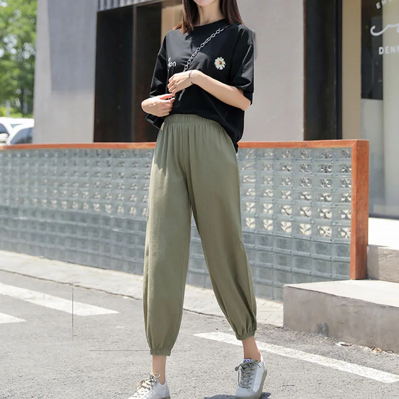 Damen Lässige Weite Bequeme Haremshose für den neuen Sommer 2026 – Elastische Taille, Strand-Leinenhose, einfarbig, vielseitig kombinierbare Laternenhose – Detail 9
