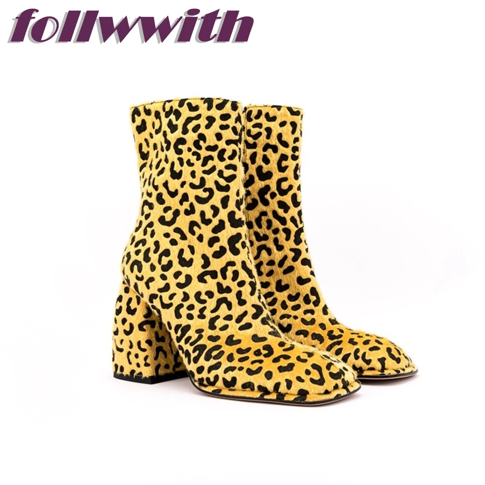 

Contrasting Flame PrintSuede Leopard Print Chunky Heel Boots Ankle Basic Sexy Square Toe Super High Plus Size Zipper Winter Fem