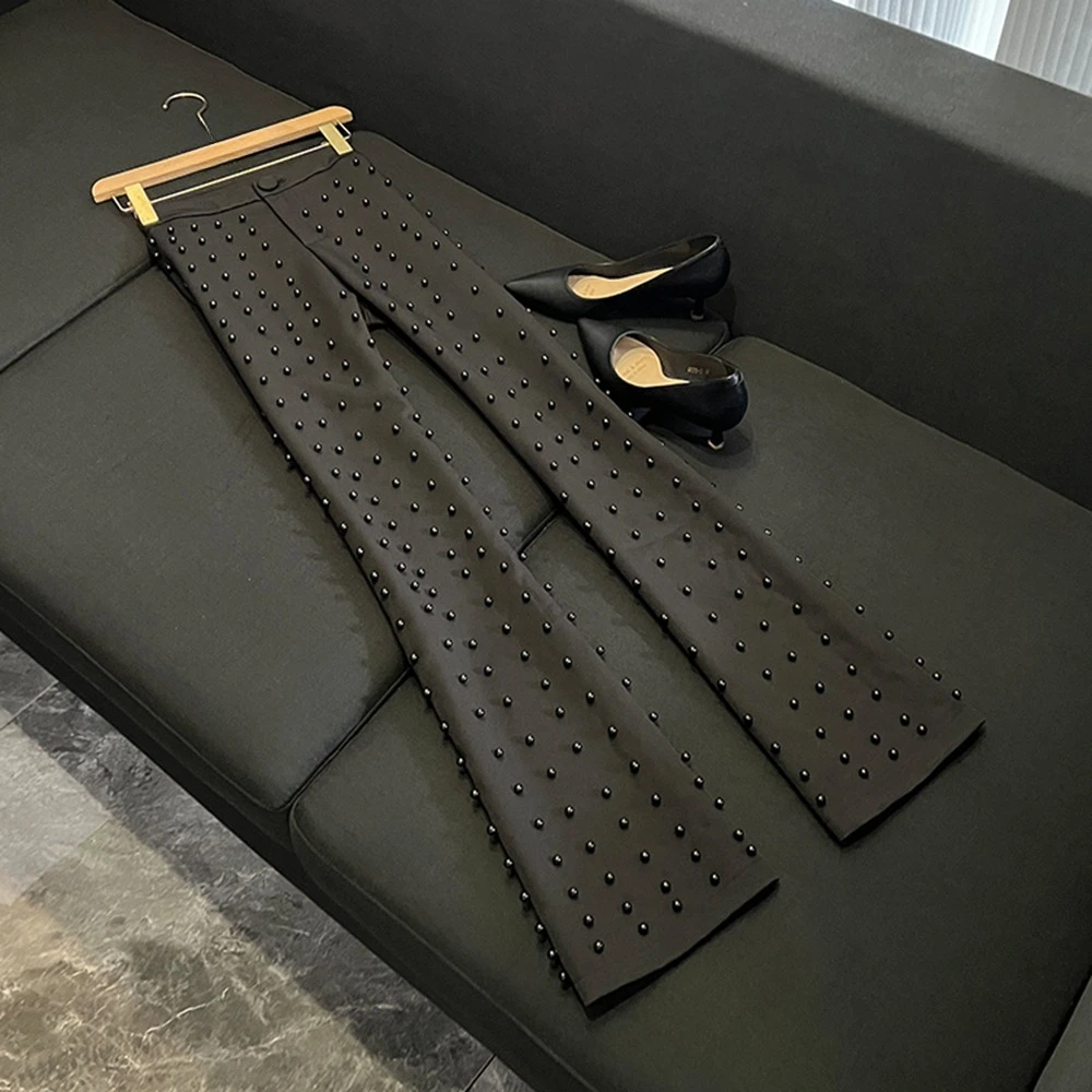 Spliced Pearl Solid Two Piece Sets For Women‘s Lapel Long Sleeve Top High Waist Pants Elegant Set Female conjuntos de pantalone