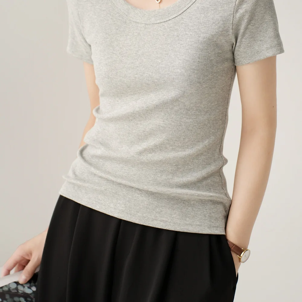 Women Summer T Shirt U Neck Short Sleeve High Elastic Ribbed Fabric Loose Slim Fit Casual Top Basic Versatile Solid Color Tee