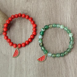 Natural Striped Agate Stone Bracelets 8mm Energy Healing Beads Bracelet with Watermelon Pendant Charm Jewelry Gift for Women Men