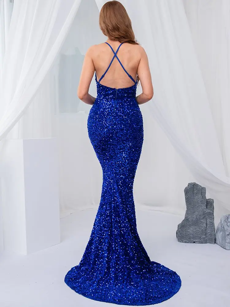 Romagic Royal Blue Backless Cross Sequin Mermaid Wedding Party Gown Velvet Slip Luxury Long Evening Cocktail Prom Dress Summer