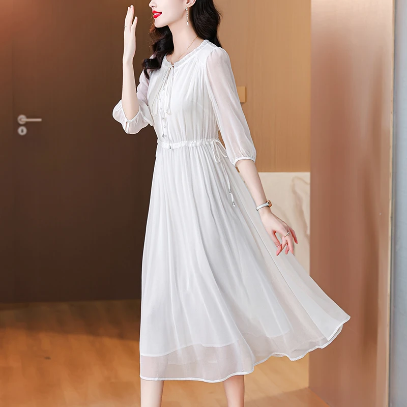 Boho White Silk Chic Appliques Midi Dress Women Summer Elegant Bodycon Ruffled Vestidos 2024 Korean Fashion Casual Solid Dress