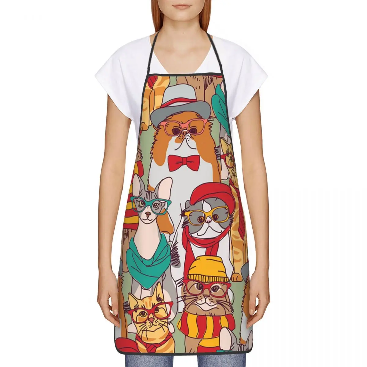 Custom Fashion Hipster Cats Group Apron Women Men Unisex Bib Cute Cartoon Kitten Kitchen Cooking Tablier Cuisine Chef Painting