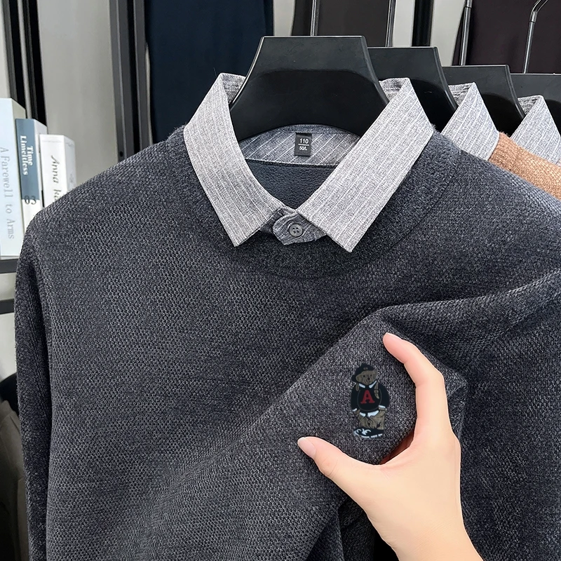 Maglione da uomo in maglia con stampa orso di alta qualità risvolto falso in due pezzi addensare pullover inverno moda strada versatile abbigliamento da uomo caldo