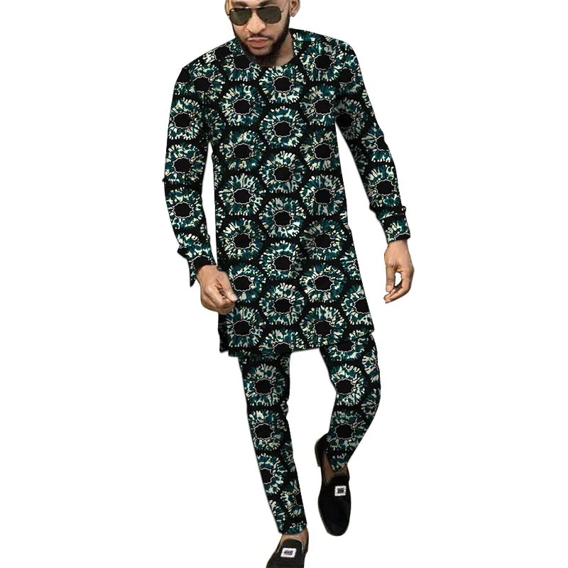 طقم ملابس رجالية أفريقية بأكمام طويلة مع بنطلون نيجيري موضة شمع طباعة ملابس حفلات الزفاف للرجال #4