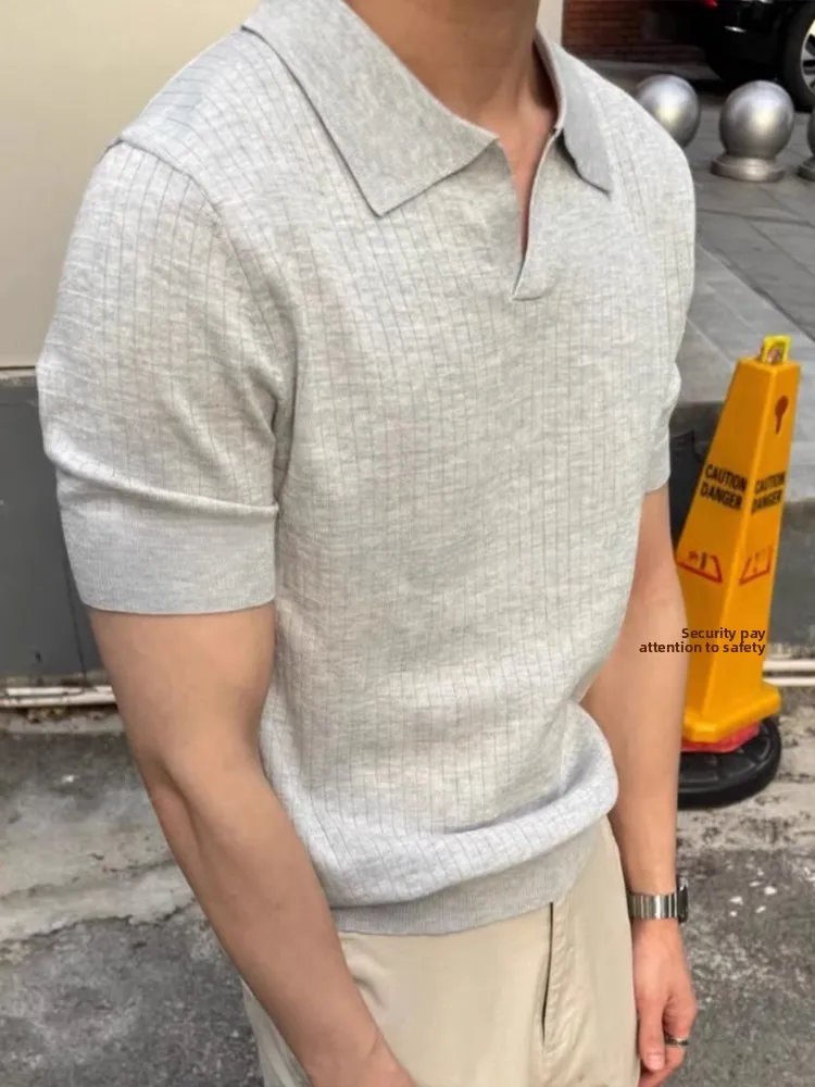 

Men's Knitted irt ort Sve Summer Fitn Sportswear Flip Collar Muscle ow off Faionable Casual Breathable T-S...