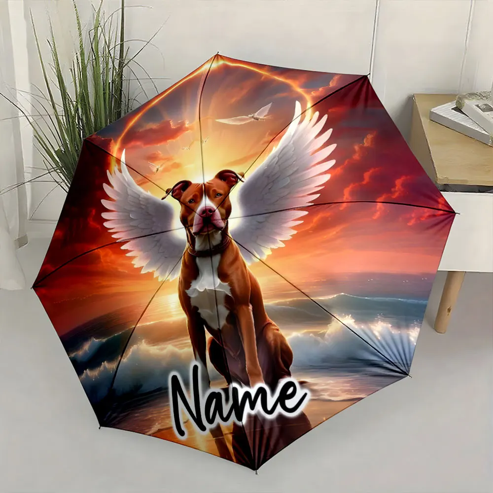 Custom Name  Winged Dog Over Sunset Ocean on Umbrella Print 8 Iron Ribs Folding Umbrella Auto-Open Fashion Sunshade