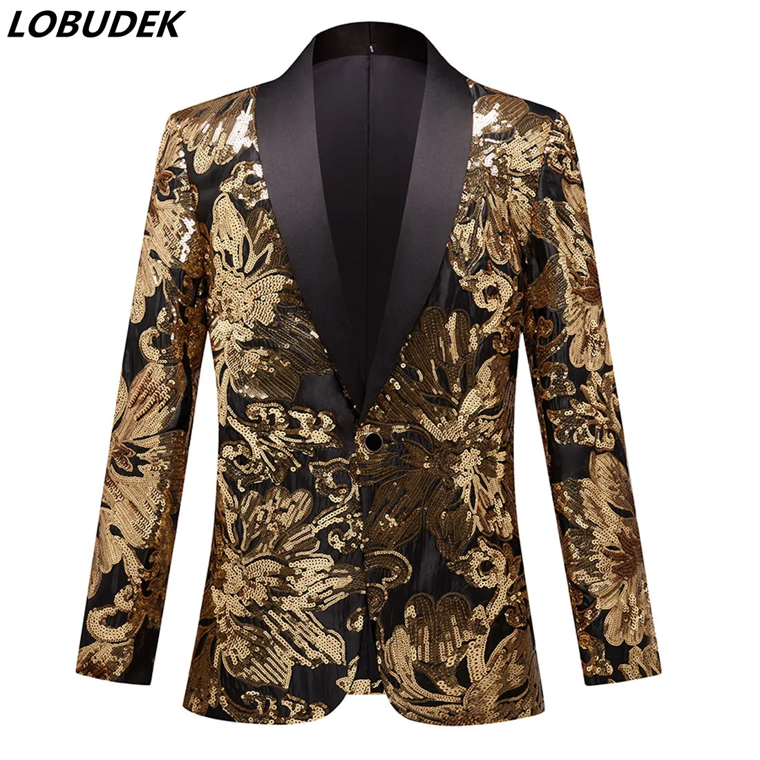 

Men's Sequins Blazers Gold Slim Floral Suit Jacket Wedding Groom Banquet Tuxedo Bar Stage Singer Host Concert Performance Coat