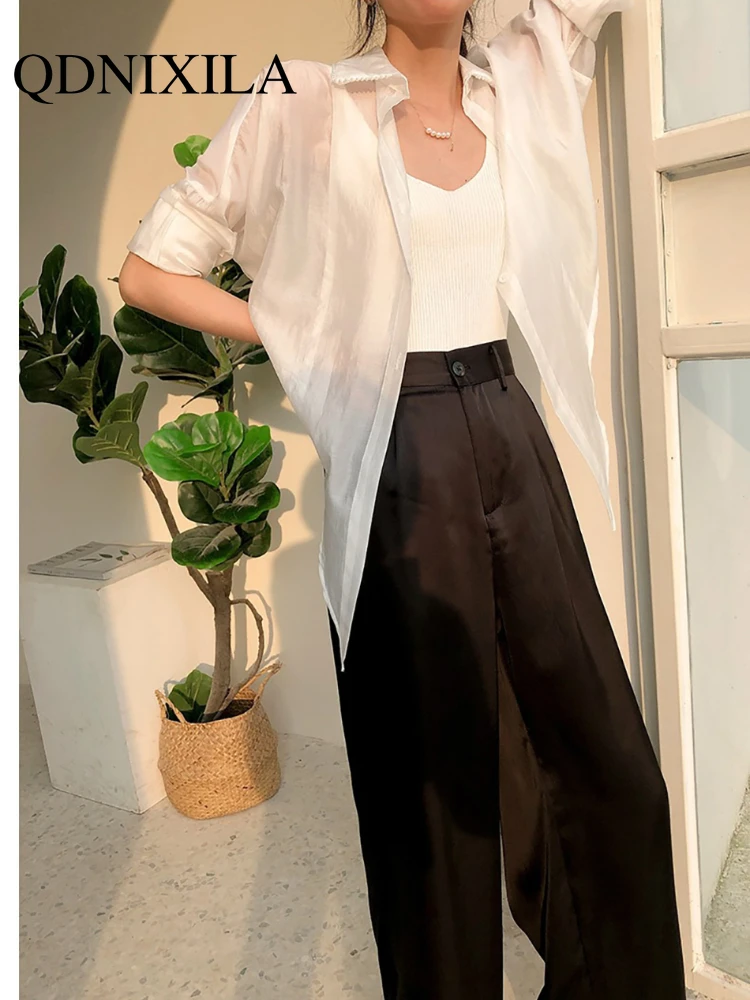 Summer Autumn Women\'s Pants Loose Classic Black Straight High Waist Casual Korean Silk Satin Wide Leg Trousers for Women Pants