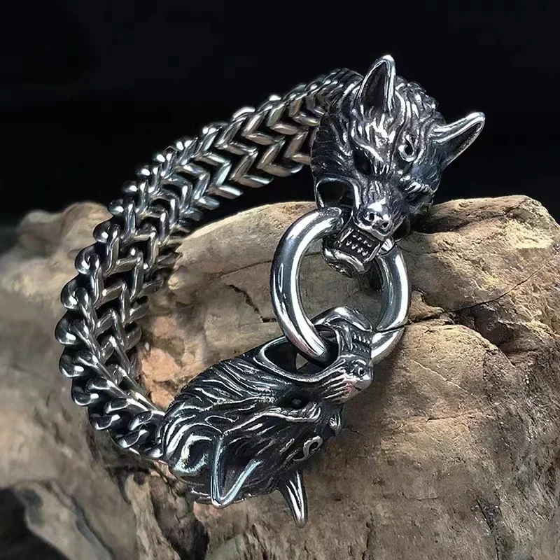 Stainless Steel Nordic Viking Double Wolf Head Bracelet Men\\'s Retro Punk Mesh Chain Animal Bracelet Hip Hop Rock Trend Jewelry