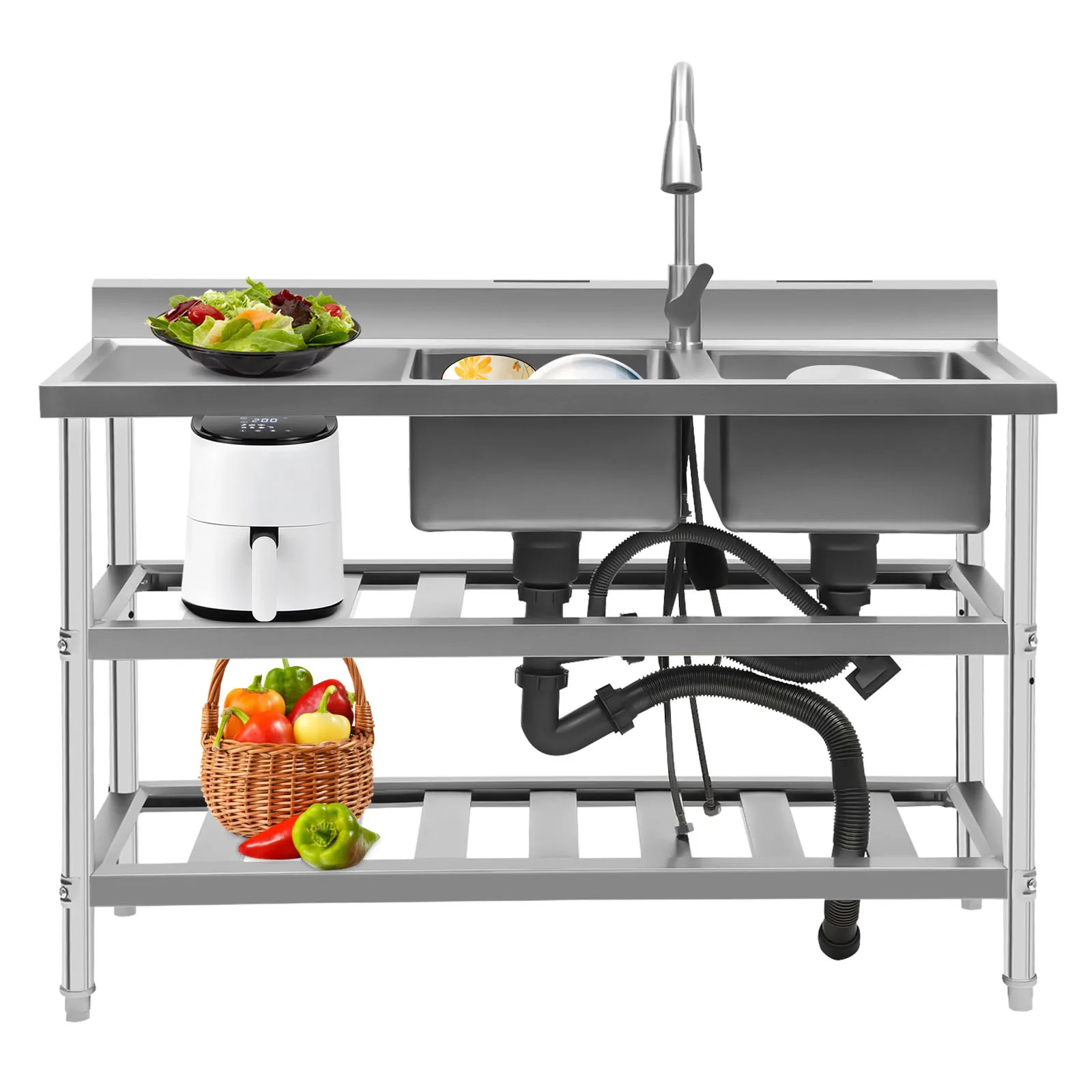 مطعم تجاري بالوعة المطبخ فائدة بالوعة الفولاذ المقاوم للصدأ وعاء مزدوج بالوعة الساخن + الباردة سحب التدريجي صنبور زر التحكم في التدفق #5