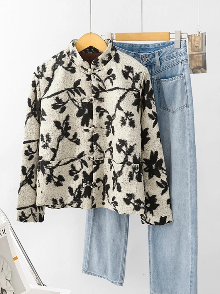 

Женская хлопковая куртка в китайском стиле в стиле ретро с вышивкой и воротником-стойкой, теплое пальто, длинный зимний топ на пуговицах