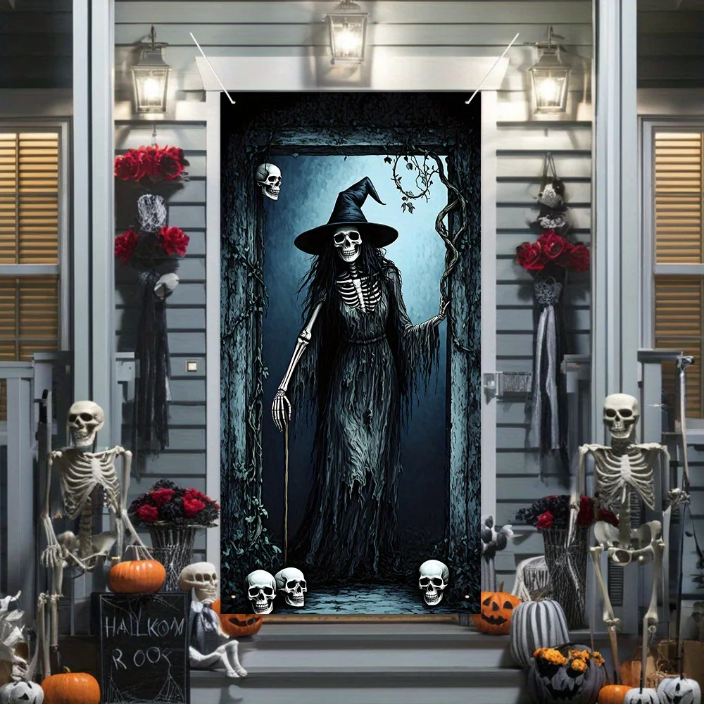 Halloween-Dekoration, Party-Banner, schrecklicher Totenkopf, Hexenmuster, Polyester, Halloween-Türbehang – Halloween-Party