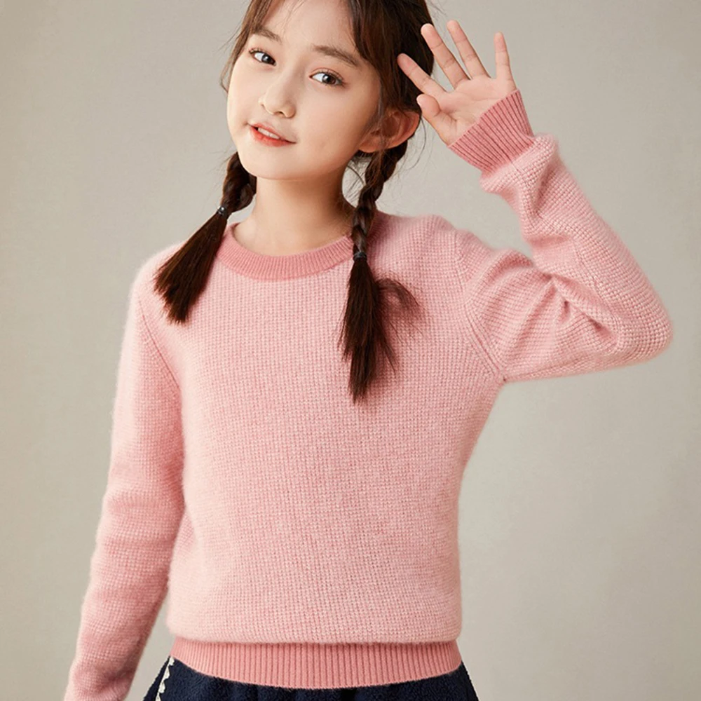 Children winter keep warm cashmere sweater 100% Wool Boys girls Round neck Solid color Cashmere sweater Knitted pullover sweater