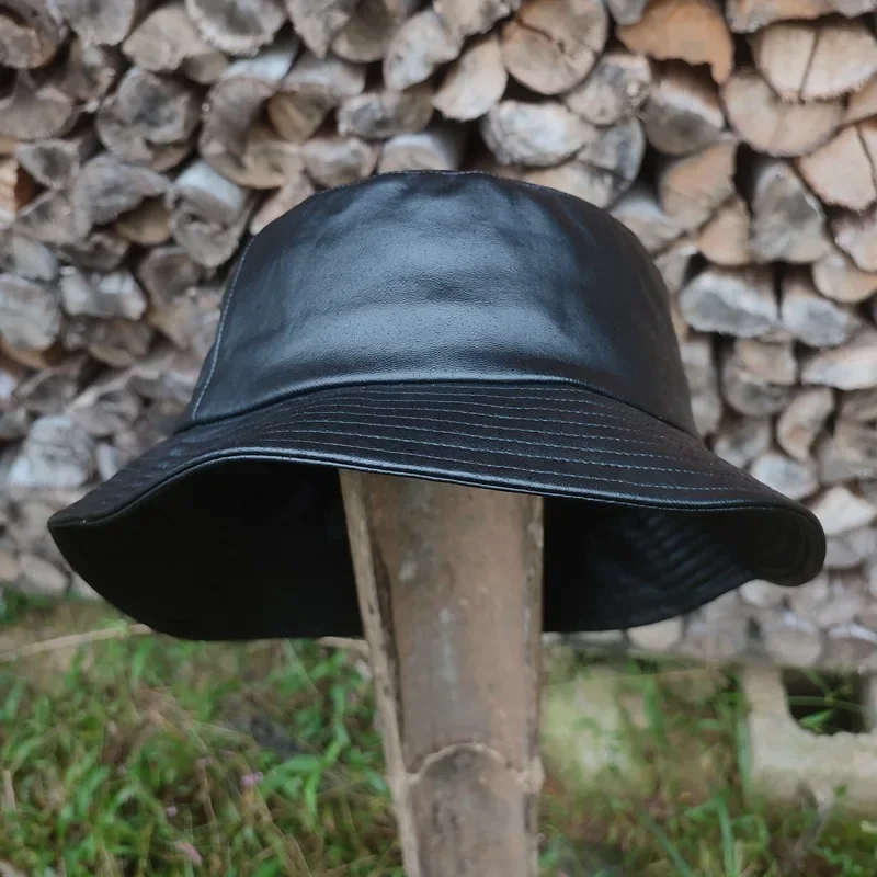 New Autumn and winter PU leather basin hat enlarged and deepened XXL size plus fisherman hat black men's big head circumference