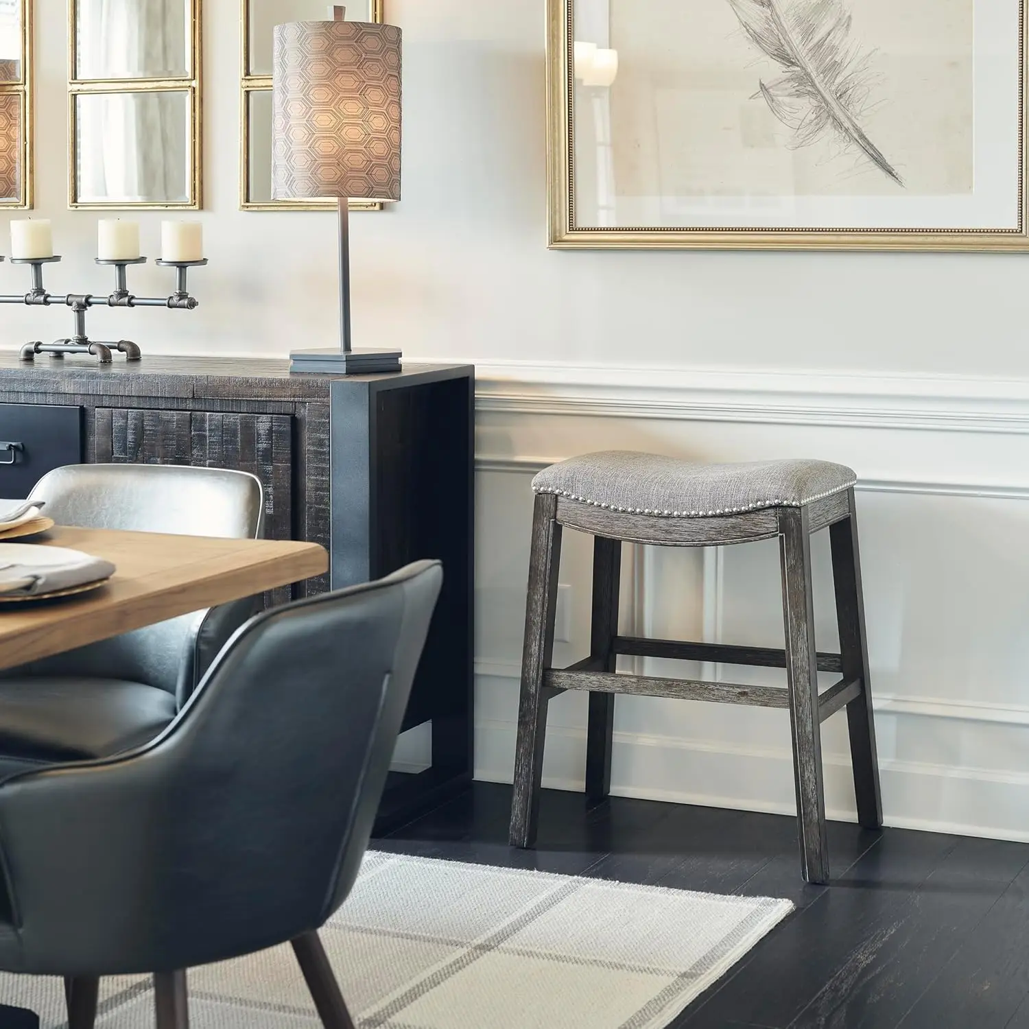 Assento 25.7 polegadas Backless Barstool madeira com assento estofado, altura contrária, cinza