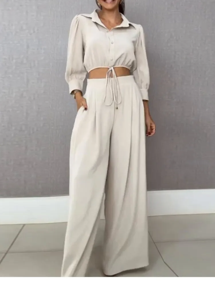 

Новая мода, короткая рубашка на шнурке, широкие брюки, комплект весны и осени, однотонная повседневная офисная праздничная вечеринка, наряды из двух предметов для женщин