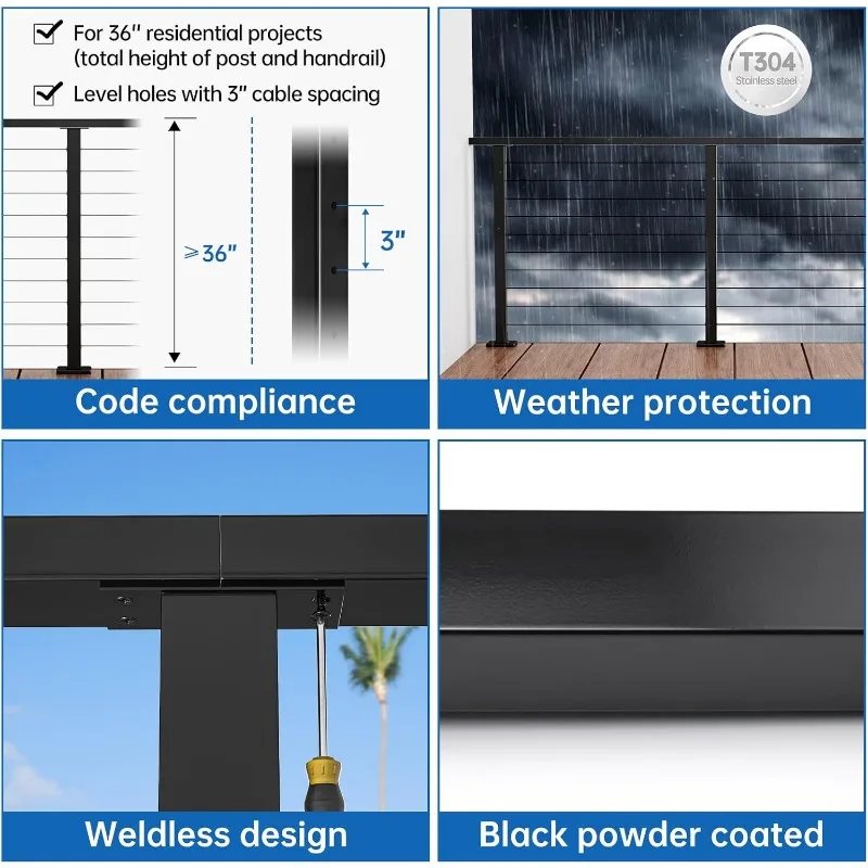 4Pack Black Cable Railing Post 36 Inch 36"x2"x2"Level Drilled Surface Mount T304 Stainless Steel Cable Railing System Kit Indoor