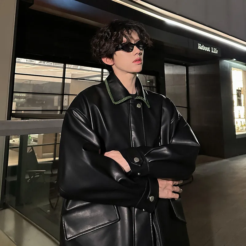 

Bla Leather Jaet Men's Faion Urban Sle Motorcycle Design Sensation Cleanfit PU Leather Long Sve Zipper Closure Coat