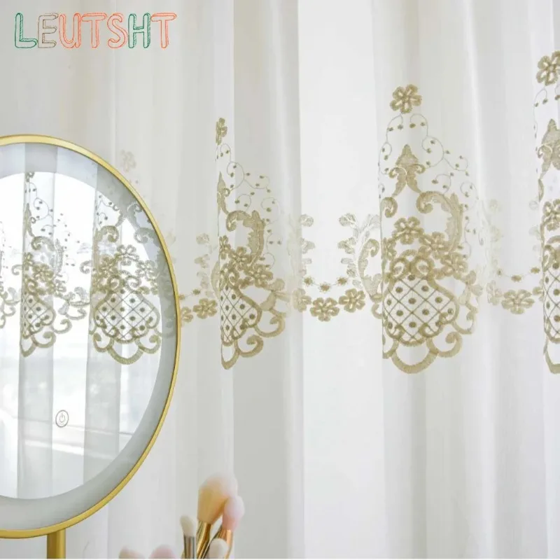Custom Size European Classical Embroidery Tulle  White Transparent Curtains for Bedrooms Balconies Living Rooms Luxury Curtain