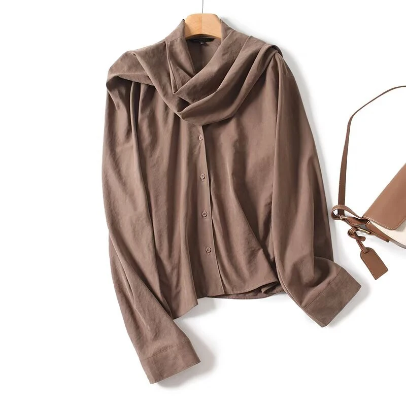 

YENKYE новый дизайн, рубашка с длинным рукавом и воротником-шарфом для женщин, коричневые осенние рубашки с длинными рукавами на пуговицах спереди, уличная блузка