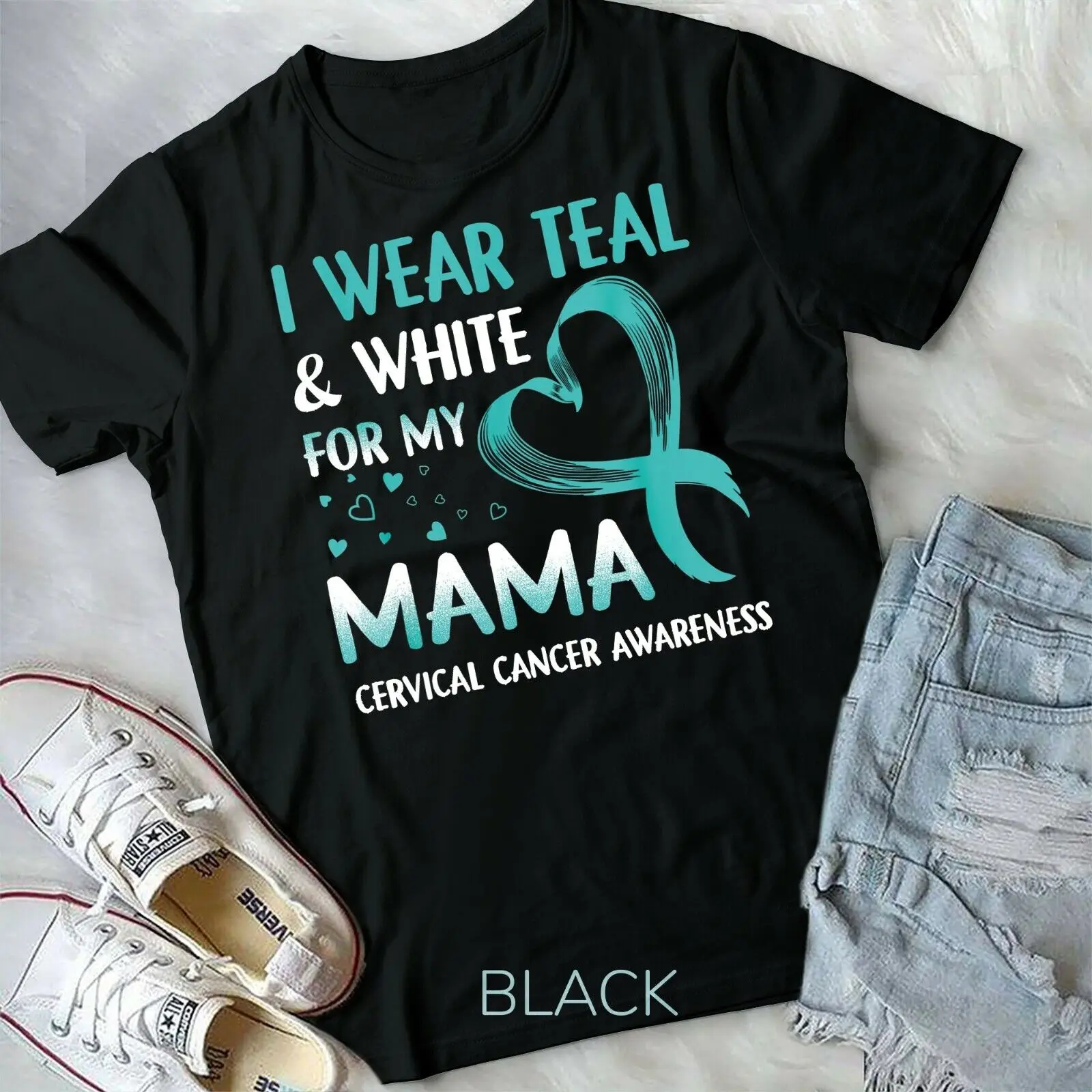 I Wear Teal & White For My Mama Cervical Cancer T-Shirt Unisex Youth T-shirt