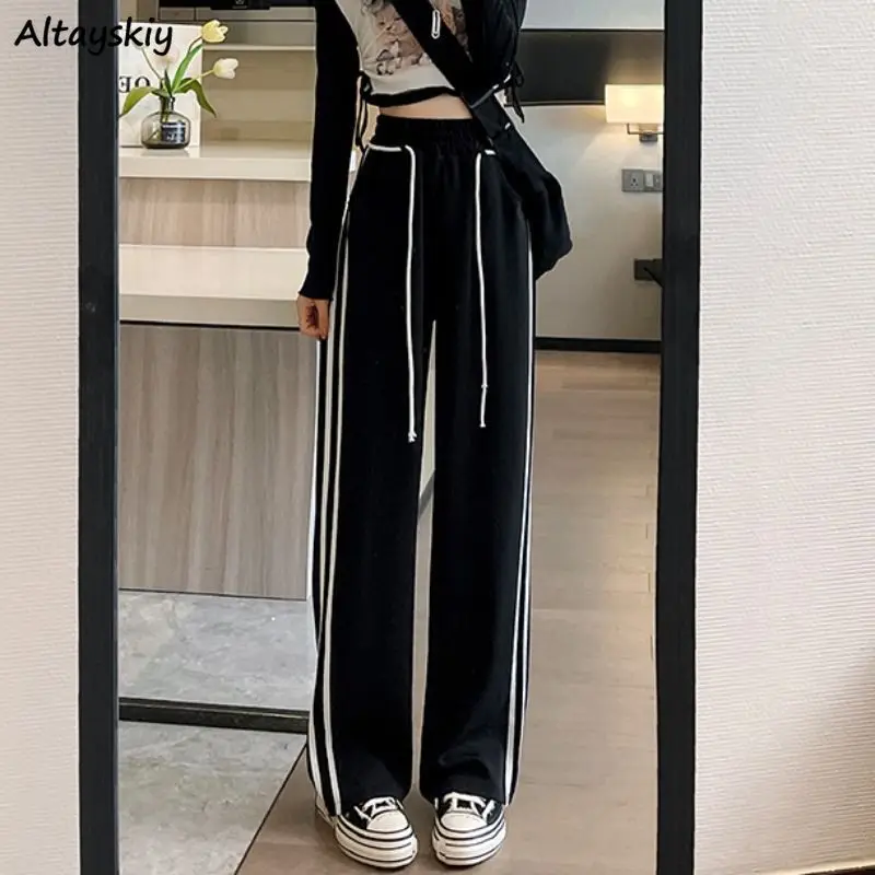 

Striped Pants Women Fashion Popular Vintage High Waist Straight Leisure Loose Streetwear Korean Style Lady Lace-up All-match