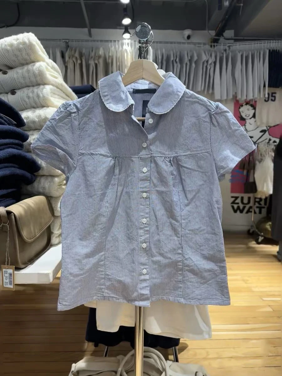 Blue Striped Short Sleeve Blouse Women Summer Peter Pan Collar Single Breasted Top Shirt Preppy Style Sweet Blouses Y2k 2025 New