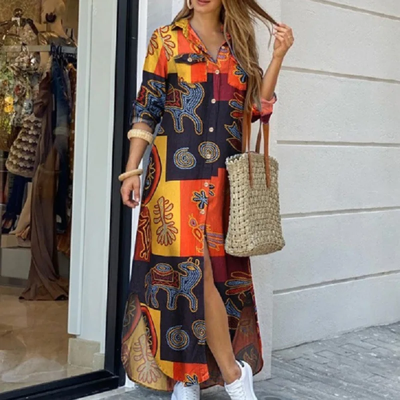 Boho Summer Maxi Dress Women Vintage V Neck Buttons Long Sleeve Elegant Holiday Beach Loose Shirt Dresses Female Casual Vestidos