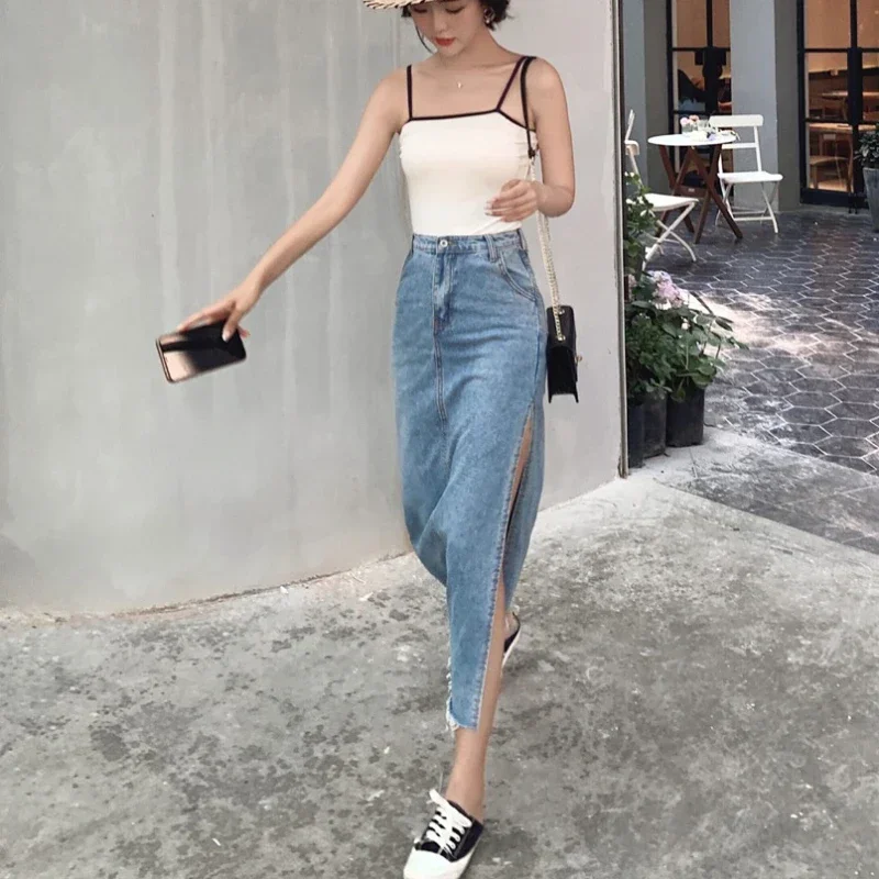 REALEFT 2025 Summer New Denim Skirts for Women Vintage High Waist Side Split Casual Long Pencil Solid Women's Skirts Female
