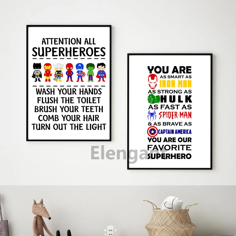 Superheroes Alphabet Print Boys Room Wall Decor, Wash Brush Flush Canvas Painting Bathroom Sign Kids Avengers Art Poster