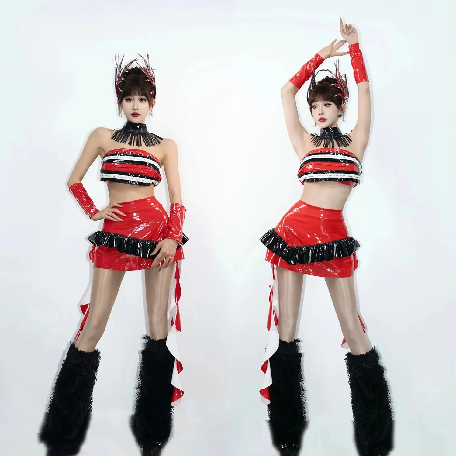 تنورة ليزر حمراء للبالغين، زي رقص الجاز، زي أداء مجموعة الفتيات الكورية، ملابس مثيرة للمسرح لمهرجان الموسيقى الإلكترونية