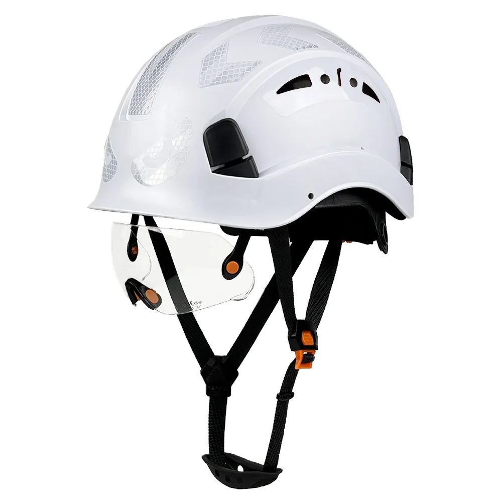 

Защитный шлем CE со встроенными очками Светоотражающие наклейки Регулируемые дышащие отверстия Строительная рабочая шапка Альпинистская каска из АБС-пластика