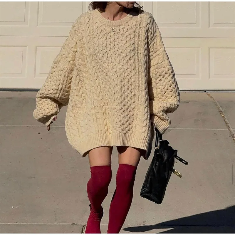 2024 Autumn Winter Oversize Knit Pullover Women Casual Lazy Round Neck Kintted Solid Sweater Female Loose Sleeves Knitwear Lady