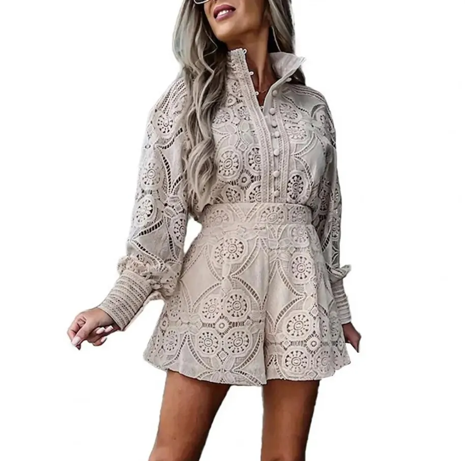 Vintage Single Breasted White Lace Women Shorts Sets Spring Long Sleeve Casual Party 2 Pcs Outfits Femme Suit Summer