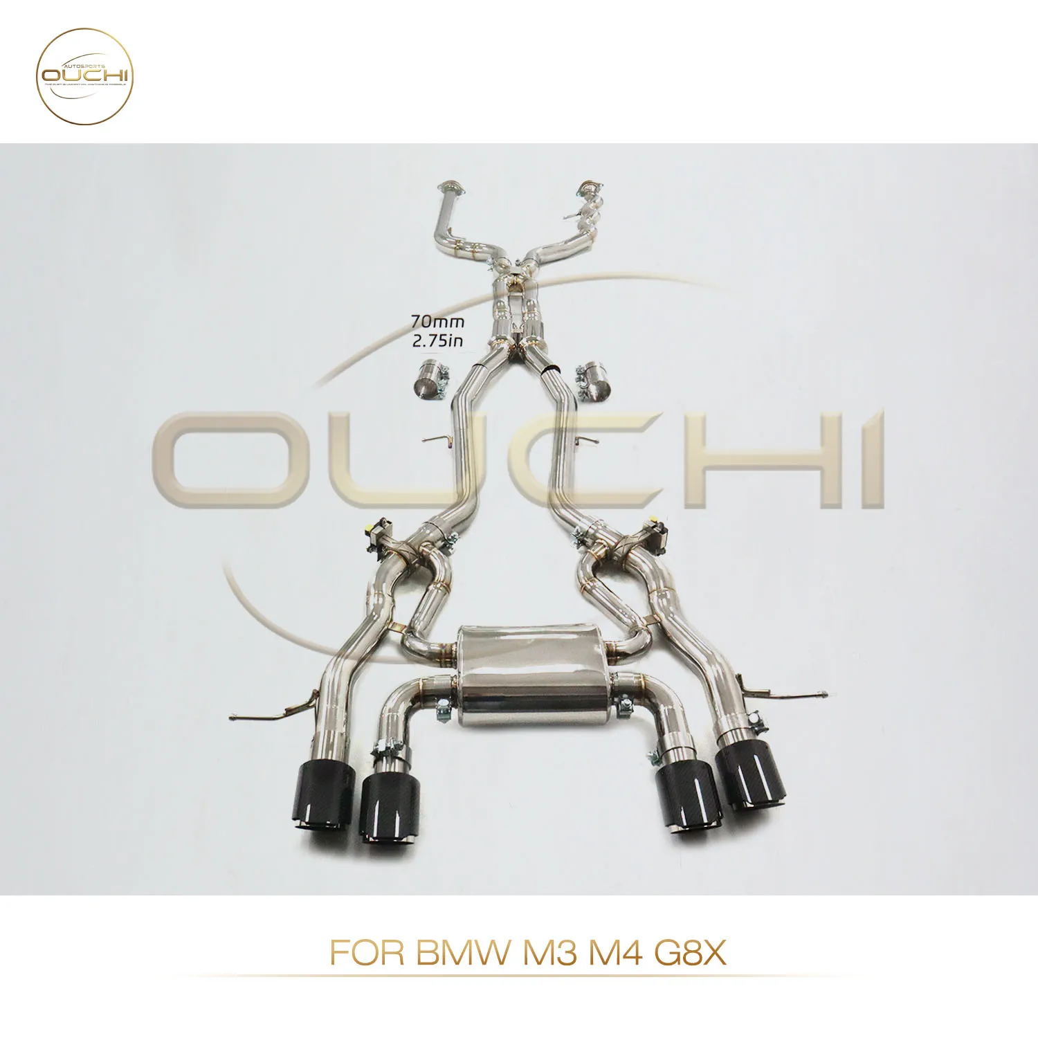 

OUCHI Factory Direct Sales SS304 Catback for BMW M3 M4 G8X 70mm Equal Length X-Pipe Design Electronic Valves Exhaust With Tips