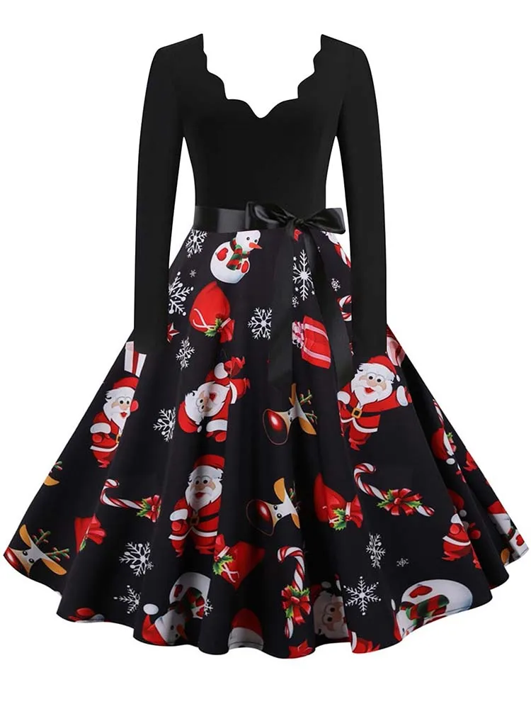 Vintage Kerst Swing Print Jurk voor Vrouwen Lange Mouw V-hals Casual Herfst Winter Sexy Nieuwjaar Feestkleding S ~ 3XL