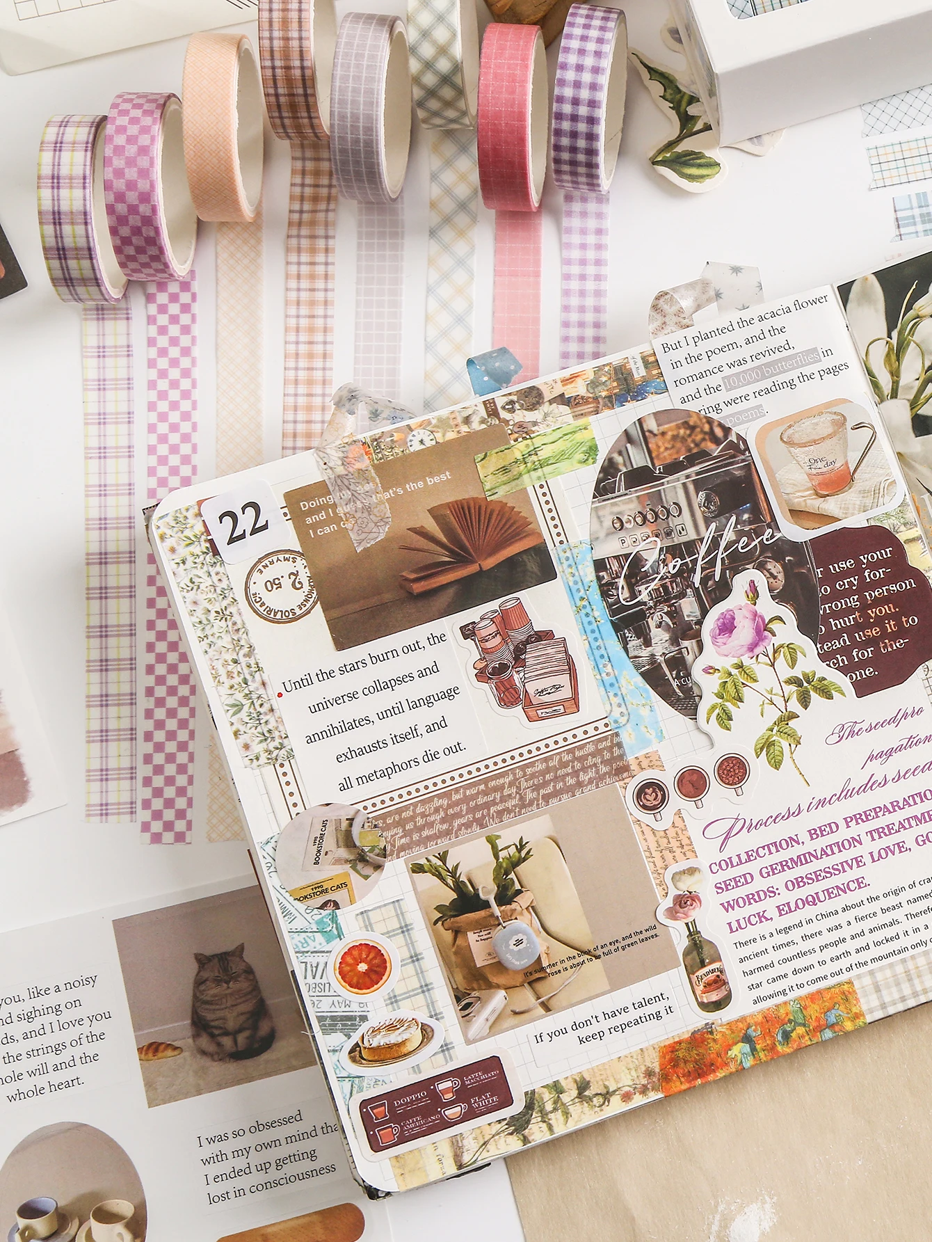 8 Rollen Ästhetisches Blumen-Washi-Tape-Set, Vintage-Blumen- & Karo-Dekorationsstreifen für Tagebuch, Planer, Scrapbook & DIY-Bastelarbeiten – Detail 8