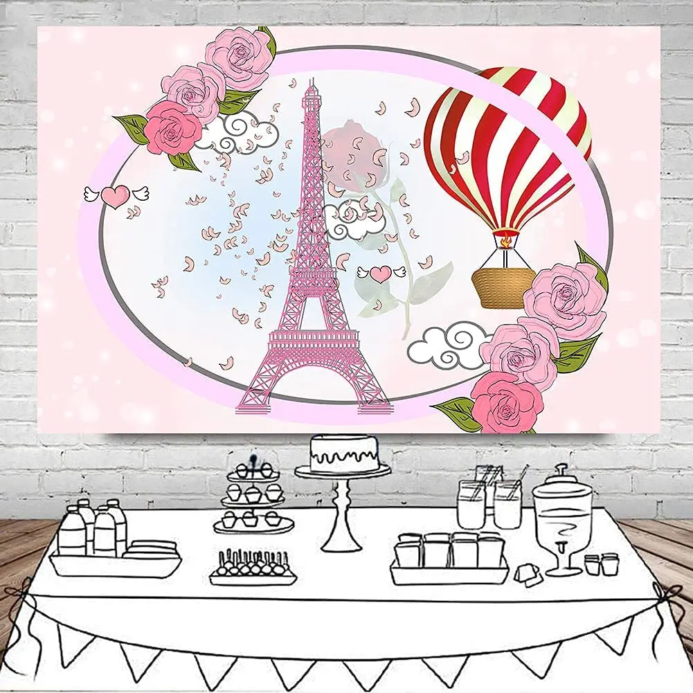 

Pink Eiffel Tower Theme Photography Backdrop Rose Party Background Banner Paris Theme Decoration Supplies Photo Booth Props