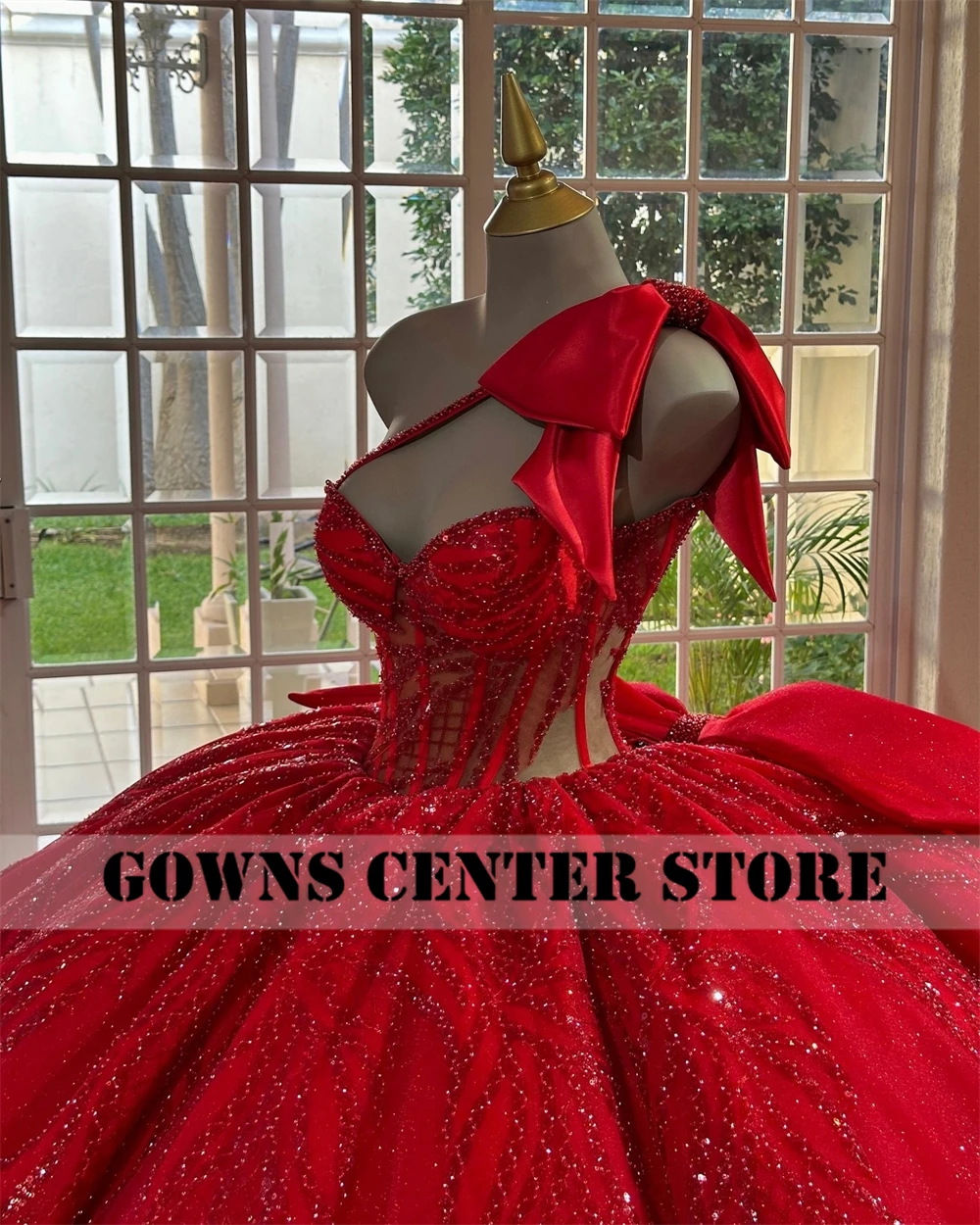 Red Puff Ruched Train Ball Gown Quinceanera Dress With Bow One Shoulder Beaded Appliques Sweet 15 Vestidos De 15 Años Customized image 3