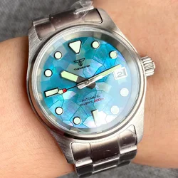 Tandorio-Reloj de buceo NH35 para hombre y mujer, pulsera mecánica de acero con esfera de fregona, resistente al agua, 200m, 36mm, luminoso