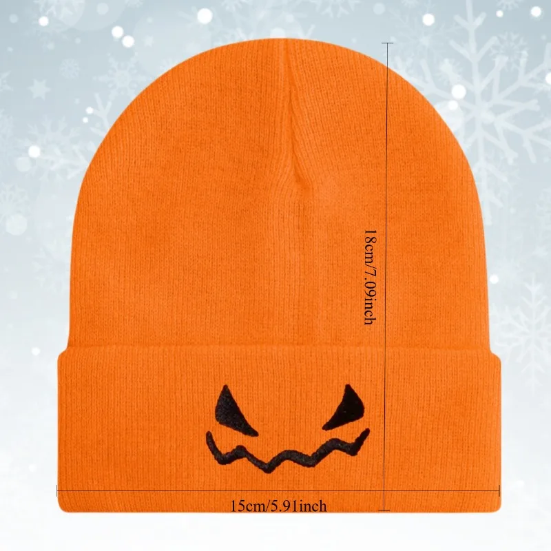 Halloween Pumpkin Devil Embroidered Knitted Hat Cross-border Autumn and Winter Warm Wool Hat Hats for Women Frog Hat Bucket Hat